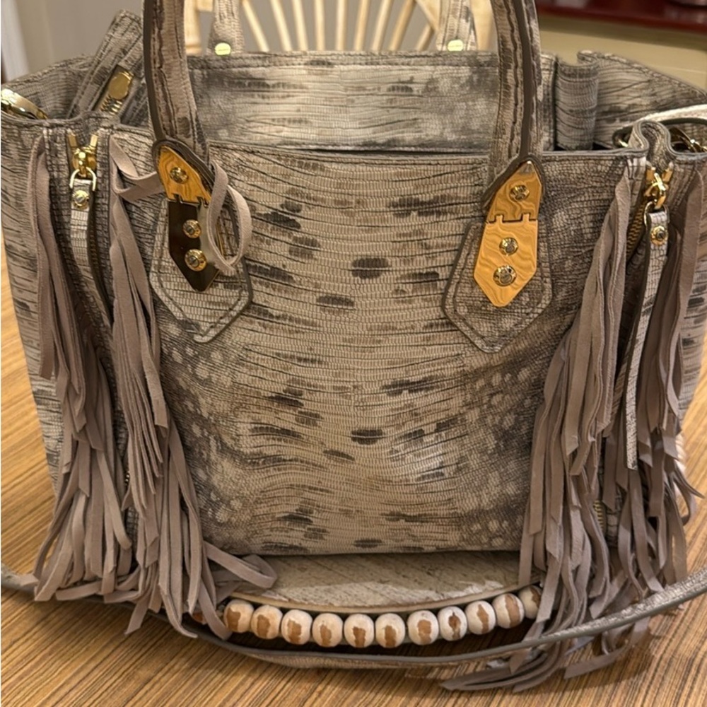 Henri Bendel Textured Grey Fringe Tote